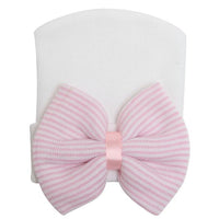 Soft Newborn Infant Baby Hospital Hat With a Pink and White Striped Bow