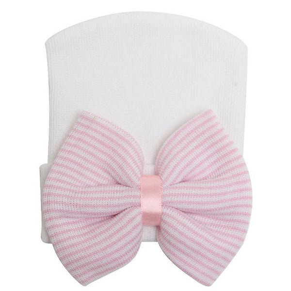 Soft Newborn Infant Baby Hospital Hat With a Pink and White Striped Bow