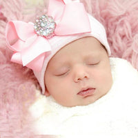 Newborn Infant Baby Hospital Hat with Large Grosgrain Bow w/ Rhinestone Brooch