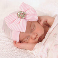 White Newborn Infant Baby Hospital Hat with Large Bow and Pink Rhinestones