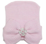 Newborn Infant Baby Hospital Hat with Large Bow and Rhinestone