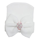 White Newborn Infant Baby Hospital Hat with Large Bow and Pink Rhinestones